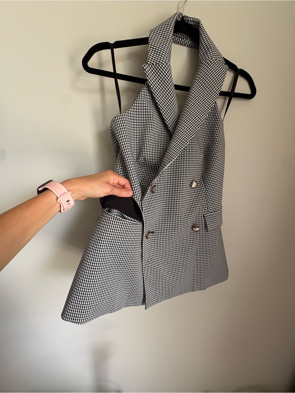 White House Black Market Black Gingham Sleeveless Blazer Double-Breasted - Picture 7 of 10